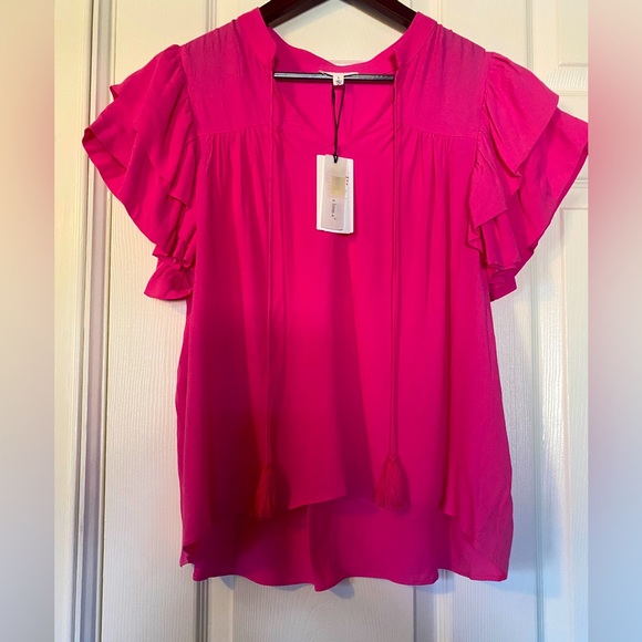 a loves a Tops - A Loves A Women Pink Tasseled Ruffle Layered Short Sleeve V-Neck Top Blouse L